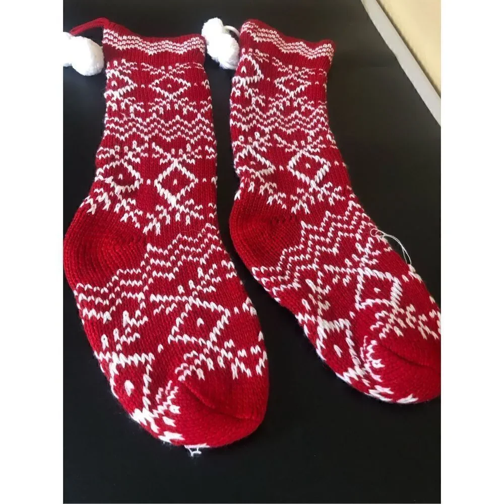 Knit Sweat Christmas Stockings Set Of 2 Red White  Pompoms